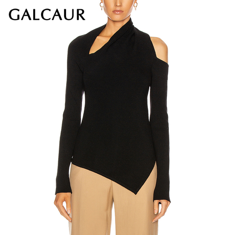 GALCAUR noir chandail pour les femmes col irrégulier à manches longues évider dos nu concepteur chandails amples femme 2022 nouveaux vêtements ► Photo 1/6