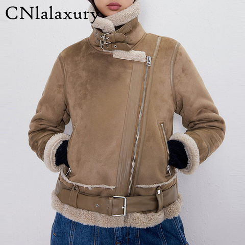 Nouveau automne Streetwear femmes daim veste hiver manteau épais chaud Faux agneau laine vestes femme en vrac moto en cuir vestes ► Photo 1/6