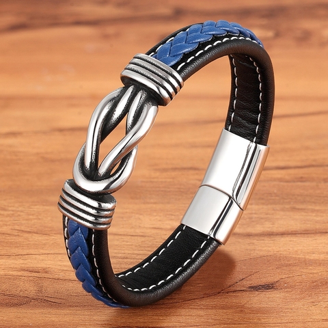 Bracelet en cuir géométrique en acier inoxydable pour hommes fermoir magnétique tissé à la main Bracelet en cuir noir bleu cadeau de bijoux de noël ► Photo 1/1