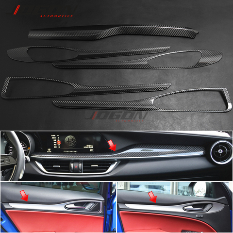 5 pièces véritable Fiber de carbone pour Alfa Romeo Stelvio 2017-2022 accessoires de voiture Console centrale tableau de bord côté porte poignée panneau garniture ► Photo 1/6