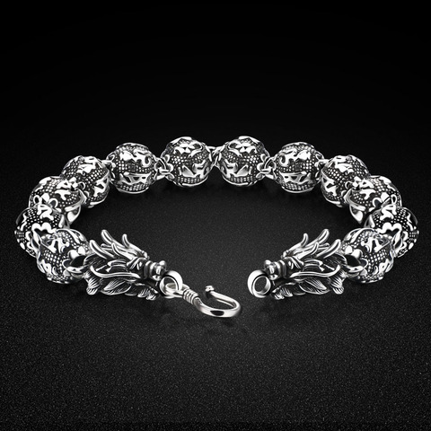 Vintage hommes 925 Thai argent Bracelet-chaîne de perles de Dragon chinois-Bracelet en argent Sterling longueur 19-24cm-cadeaux de noël-bijoux ► Photo 1/6