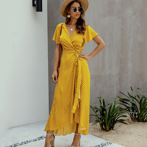 Robe longue de plage à pois pour femmes, tenue d'été Maxi, Sexy, col en V, volants, manches courtes, vacances, longue, robe de soirée à lacets ► Photo 1/6