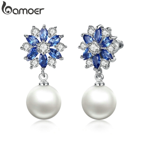 BAMOER-boucles d'oreilles pour femmes, cristaux bleus, couleur argent, imitation de perles, pendantes, boucles d'oreilles goutte, bijoux de fiançailles, JIE069 ► Photo 1/6