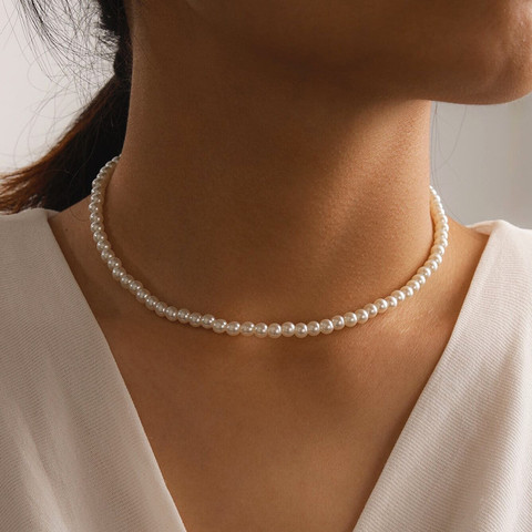 Élégant blanc Imitation perle collier ras du cou grand collier de mariage de perles rondes pour les femmes charme bijoux de mode ► Photo 1/6