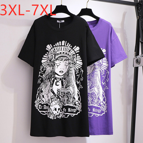 Nouveau 2022 été grande taille hauts pour les femmes grande ample décontracté manches courtes noir violet coton impression longue T-shirt 4XL 5XL 6XL 7XL ► Photo 1/6