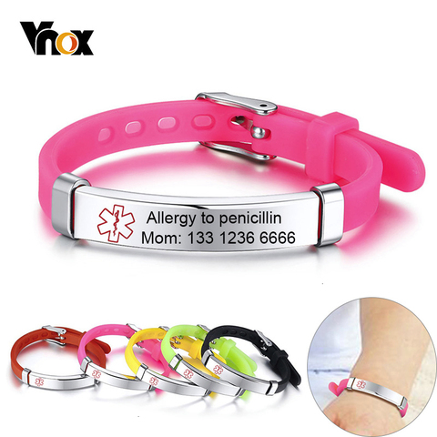 Bracelets médicaux adaptés aux besoins du client d'identification d'alerte d'enfants de Vnox pour le Silicone d'anti allergie de filles de garçons. ► Photo 1/6