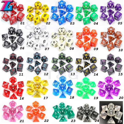 Jeu de dés polyhérétique 25 couleurs, vente en gros, 7 pièces par lot, accessoires colorés pour jeux de société, mdn, RPG, D4,D6,D8,D10,D10 % D12,D20 ► Photo 1/6