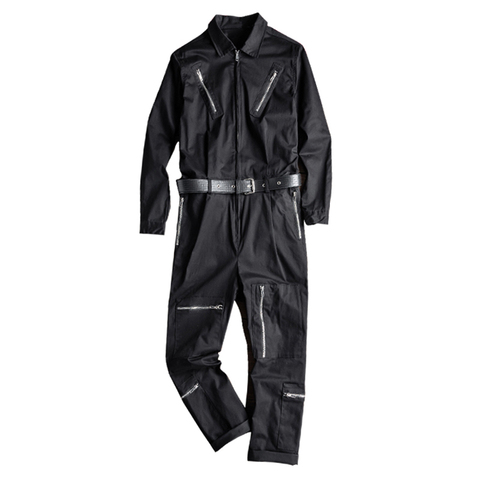 Combinaison cargo à manches longues pour hommes, fermeture éclair, poches, ceinture, pantalon décontracté, tendance, ensemble salopette, gris, noir ► Photo 1/6