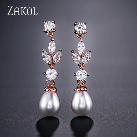 ZAKOL – boucles d'oreilles en Zircon cubique pour femme, Imitation perle, feuille, bijoux de mariage, prix d'usine, FSEP2179 ► Photo 1/6