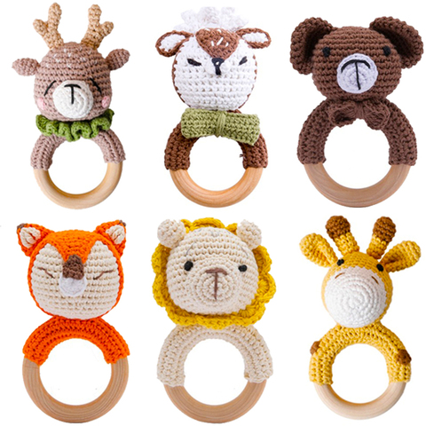 Anneau de dentition en bois pour bébé, 4 pièces, jouet pour nouveau-né Amigurumi, hochet sans BPA, animaux crochetés, cadeaux pour nouveau-né ► Photo 1/6