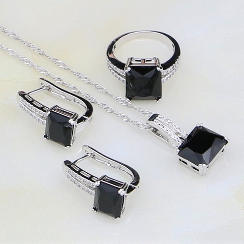 Bijoux en argent 925, pierres noires, pierres blanches en zircone cubique, ensembles de bijoux pour femmes, boucles d'oreilles, bague, pendentif, collier ► Photo 1/5