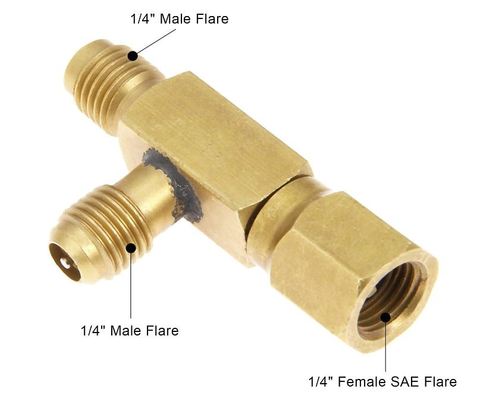 Adaptateur Tee de vannes c/w de 1/4 pouces, noyau évasé mâle de 1/4 pouces X évasement mâle de 1/4 pouces X évasement femelle de 1/4 pouces SAE avec connecteur pivotant ► Photo 1/6