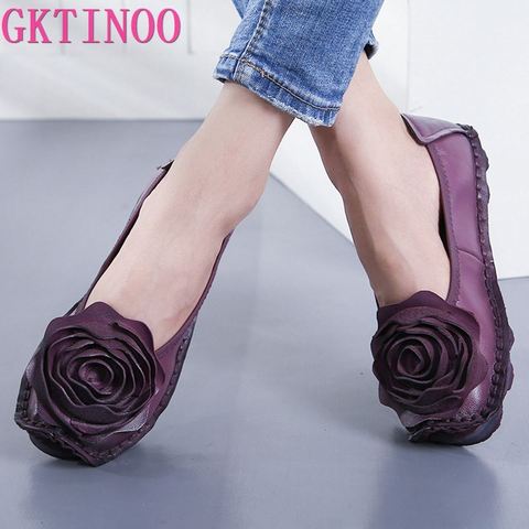 GKTINOO-chaussures plates Vintage en cuir véritable pour femmes, chaussures Design de fleur à bout rond, couleur unie, faites à la main, chaussures pour femmes ► Photo 1/6