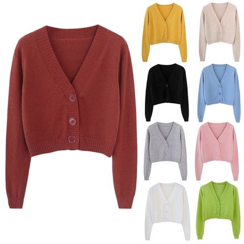 Pull à manches longues pour femme, Cardigan Sexy, col en v, veste courte à boutons, couleur bonbon unie, vêtements d'extérieur tricotés amples C ► Photo 1/6