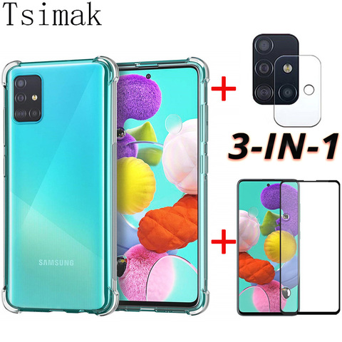 3-en-1/Étui En Silicone Pour Samsung Galaxy A31 A41 A51 A71 A11 M11 M21 M31 M51 A21S A50 A70 Trempé Verre Protecteur D'écran De L'appareil Photo ► Photo 1/6