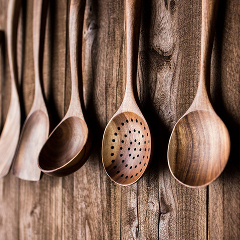 Cuillères de cuisine cuillère cuillère à louche en bois naturel thaïlandais teck, tourneur à louche longue cuillère riz passoire soupe cuillères de cuisson ensemble d'outils de cuisine ► Photo 1/6