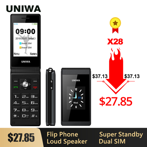 UNIWA X28 grand téléphone à bouton-poussoir téléphone portable à rabat Senior GSM double Sim FM Radio russe hébreu clavier à clapet téléphone portable ► Photo 1/6