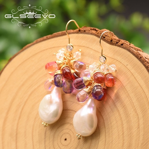 GLSEEVO-boucles d'oreilles grandes boucles d'oreilles naturelles baroques faites à la main, en perles, pour femmes et filles, cadeau d'anniversaire de luxe, pour fiançailles, GE0840 ► Photo 1/5