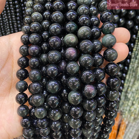 Bracelet à bricoler soi-même perles en pierre naturelle en obsidienne noire, colliers ronds, accessoires pour la fabrication de bijoux, fil de 4 pouces, 6, 8, 10, 12 et 14MM ► Photo 1/1