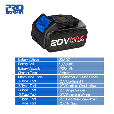 20V Rechargeable 2000mAh/4000mAh li-batterie pour clé électrique/perceuse/tournevis/scie circulaire/meuleuse d'angle par PROSTORMER ► Photo 1/5