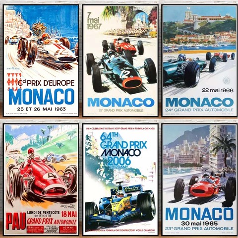 Affiche murale de voiture Super motorisée, Grand Prix du monde rétro de Monaco 64e, peinture sur toile d'art mural pour décoration de maison ► Photo 1/6