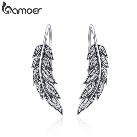 BAMOER mode 925 en argent Sterling Vintage plumes ailes longues boucles d'oreilles pour les femmes en argent Sterling bijoux Brincos SCE215 ► Photo 1/6