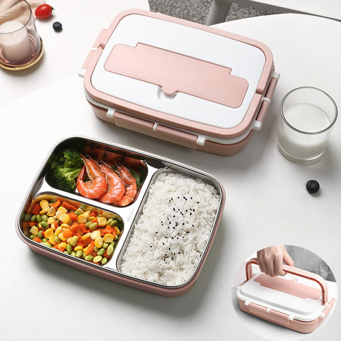 Bento Portable en acier inoxydable avec poignée, récipient à nourriture thermique avec compartiments, boîte à déjeuner Portable pour les enfants et les adultes avec vaisselle ► Photo 1/6