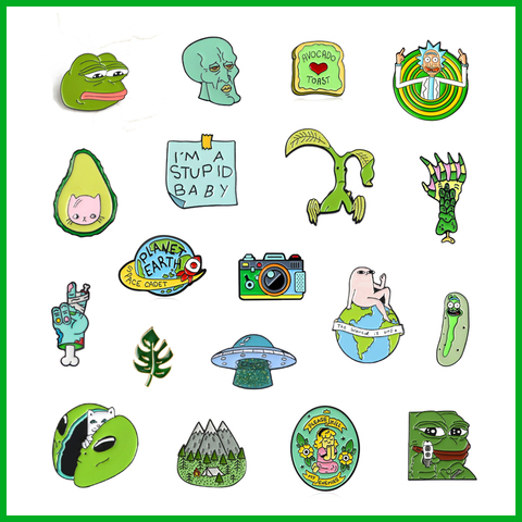 Broche en émail vert, animal grenouille chat, badge en alliage, feuilles de montagne, soucoupe volante, squelette de la terre, caméra, broche de terre, cadeau bijoux ► Photo 1/6