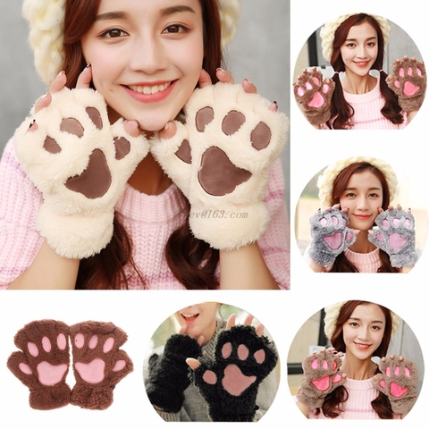 1 PC hiver femmes mignon chat griffe patte peluche moufles court sans doigts demi doigt gants ► Photo 1/6