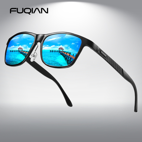 FUQIAN-lunettes de soleil polarisées pour hommes, en aluminium magnésium, 2022, verres solaires carrés de haute qualité, miroir, bleu, pour la conduite ► Photo 1/6