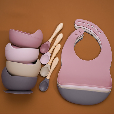 Vaisselle en Silicone sans BPA pour bébé, bavoir étanche, serviette Flexible pour salive, bol et cuillère de couleur unie pour enfants ► Photo 1/6