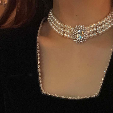 MENGJIQIAO – collier ras du cou 3 couches en perles pour femmes, Style palais Vintage, élégant, en cristal, bijoux de fête, vente en gros ► Photo 1/6