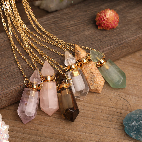 Collier naturel de pendentifs de bouteille de parfum de prisme à facettes de pierre de gemmes, breloques de fiole de diffuseur d'huile essentielle en cristal de Points d'hexagone coupés ► Photo 1/6