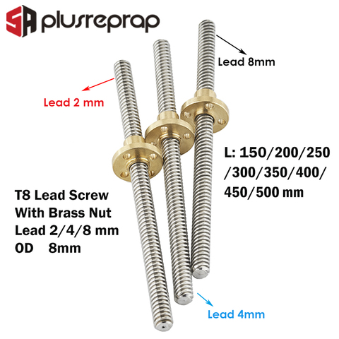 T8 vis sans fin OD8mm pas 2mm plomb 2/4/8mm 150mm 200mm 250mm 300mm 350mm 400mm 500mm mm avec écrou en laiton pour imprimante 3D Reprap axe Z ► Photo 1/5