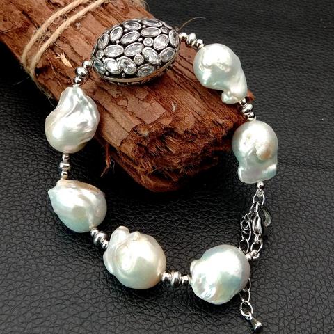 Bracelet de déclaration pour femmes, perle Keshi blanche d'eau douce 8 ''14x18MM, zircone cubique, connecteur micro pavé, accessoires de bijoux de fête ► Photo 1/6