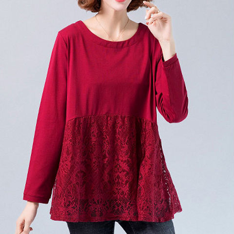 Chemisier en dentelle à manches longues pour femmes, chemise élégante pour épissure, tunique de grande taille rouge noir, décontracté ► Photo 1/6