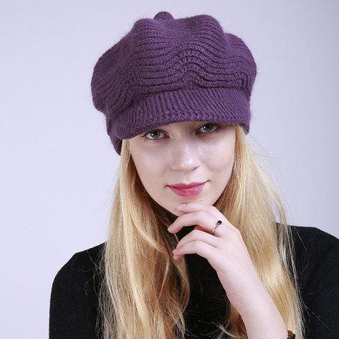 Casquette Newsboy en laine mérinos, chapeau solide en velours Plus, pour femmes, chapeaux d'hiver, visière, béret, temps froid, casquettes tricotées, 100% ► Photo 1/6