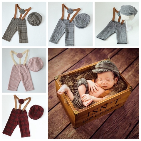 Accessoires de photographie pour nouveau-né, 0-1M, vêtements pour filles et garçons, chapeau à carreaux, Costume petit monsieur, tenue bébé, accessoires de séance photo, pantalon ► Photo 1/6