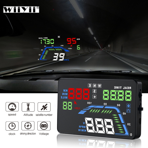 Nouveau Q7 5.5 pouces Auto voiture HUD GPS tête haute affichage universel compteurs de vitesse survitesse avertissement tableau de bord pare-brise projecteur ► Photo 1/6