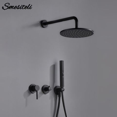 Smesiteli – ensemble de système de douche chaude et froide, noir mat, avec bras en laiton, Kit de dérivation, robinet mitigeur, tête portative, bec de Valve mural ► Photo 1/6