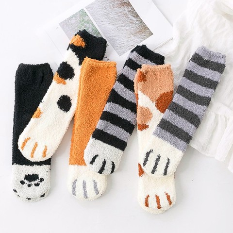 Nouveautés 1 paire corail polaire chaussettes femme Kawaii Tube chaussettes automne hiver chat griffes mignon épais chaud dormir sol chaussettes ► Photo 1/6