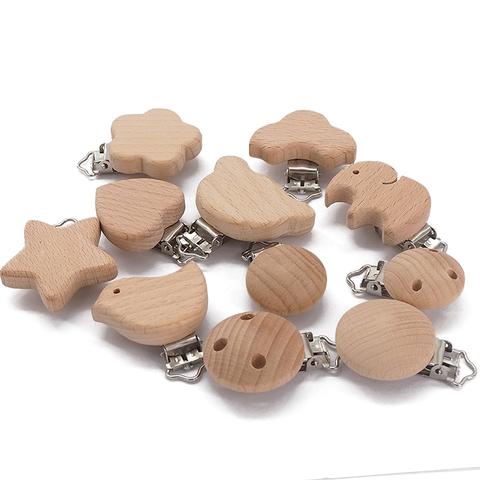 Chenkai – Clips en bois ours fleur voiture cœur oiseau éléphant étoile ronde sans BPA pour bricolage bébé naturel sucette chaîne cadeaux 50 pièces ► Photo 1/6