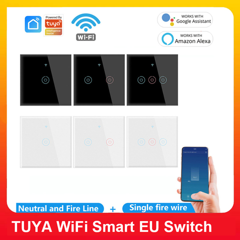 TUYA WiFi Smart Touch commutateur ue maison simple feu + zéro feu bouton mural avec condensateur travail avec Alexa Google Assistant maison ► Photo 1/6
