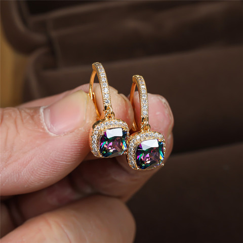 Mystique arc-en-ciel Zircon mignon carré pierre boucles d'oreilles goutte pour les femmes bijoux de mariage or jaune multicolore cristal boucles d'oreilles ► Photo 1/6