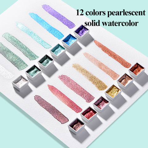 Splendeur 12 couleurs solide aquarelle peintures ensemble texturé nacré Pigment métallique paillettes Acuarela costume Portable fournitures d'art ► Photo 1/6