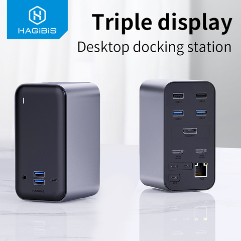 Hagibis USB C Station d'accueil Triple affichage Type C à 4K HDMI VGA DP USB 3.0 HUB RJ45 3.5mm Audio adaptateur PD pour Windows MacOS ► Photo 1/6