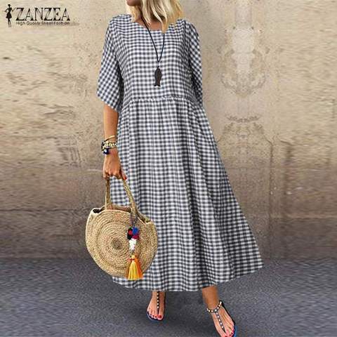 2022 ZANZEA bohème Check Maxi Robe femmes Sundress décontracté demi manches tunique Vestidos femme Plaid chemise Robe grande taille 5XL ► Photo 1/6