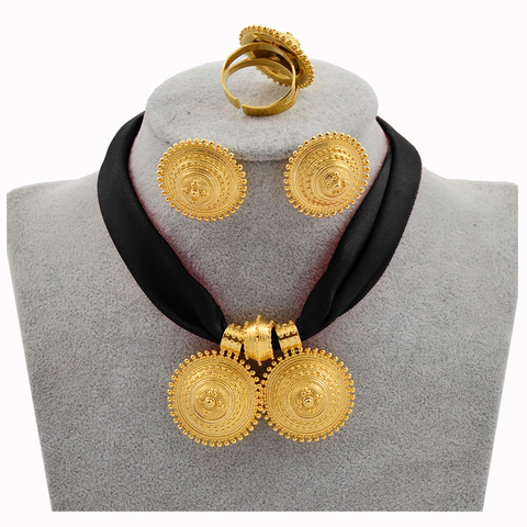 Anniyo-ensemble de bijoux éthiopiens, chaîne, corde, couleur or, Style ethnique érythréen Habesha, boucles d'oreilles, pendentif, chaîne, #217106 ► Photo 1/6