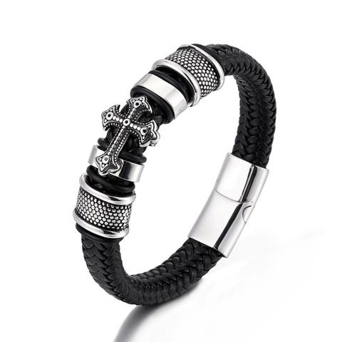 Bracelet en cuir pour hommes, classique, fait à la main, corde, chaîne, tissage, fermoir magnétique, en acier inoxydable, bijoux Punk ► Photo 1/4