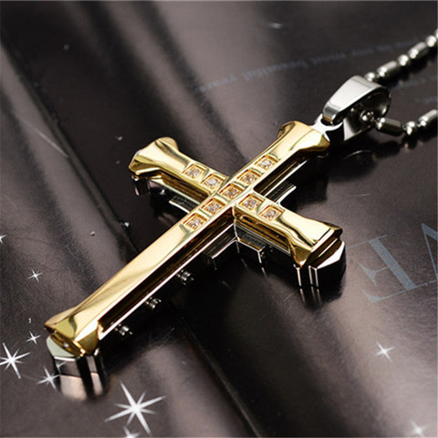 Collier avec pendentif croix en cristal pour homme, bijou en acier inoxydable, couleur argent et noir ► Photo 1/6